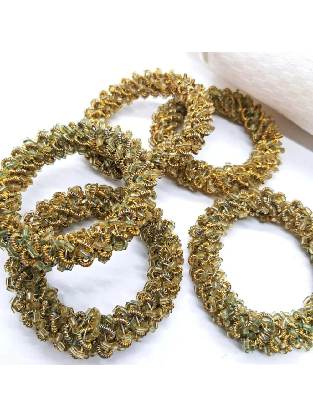 Gold Beaded & Metal Napkin Rings Handcrafted Fancy Vintage Table DecorSet of 6